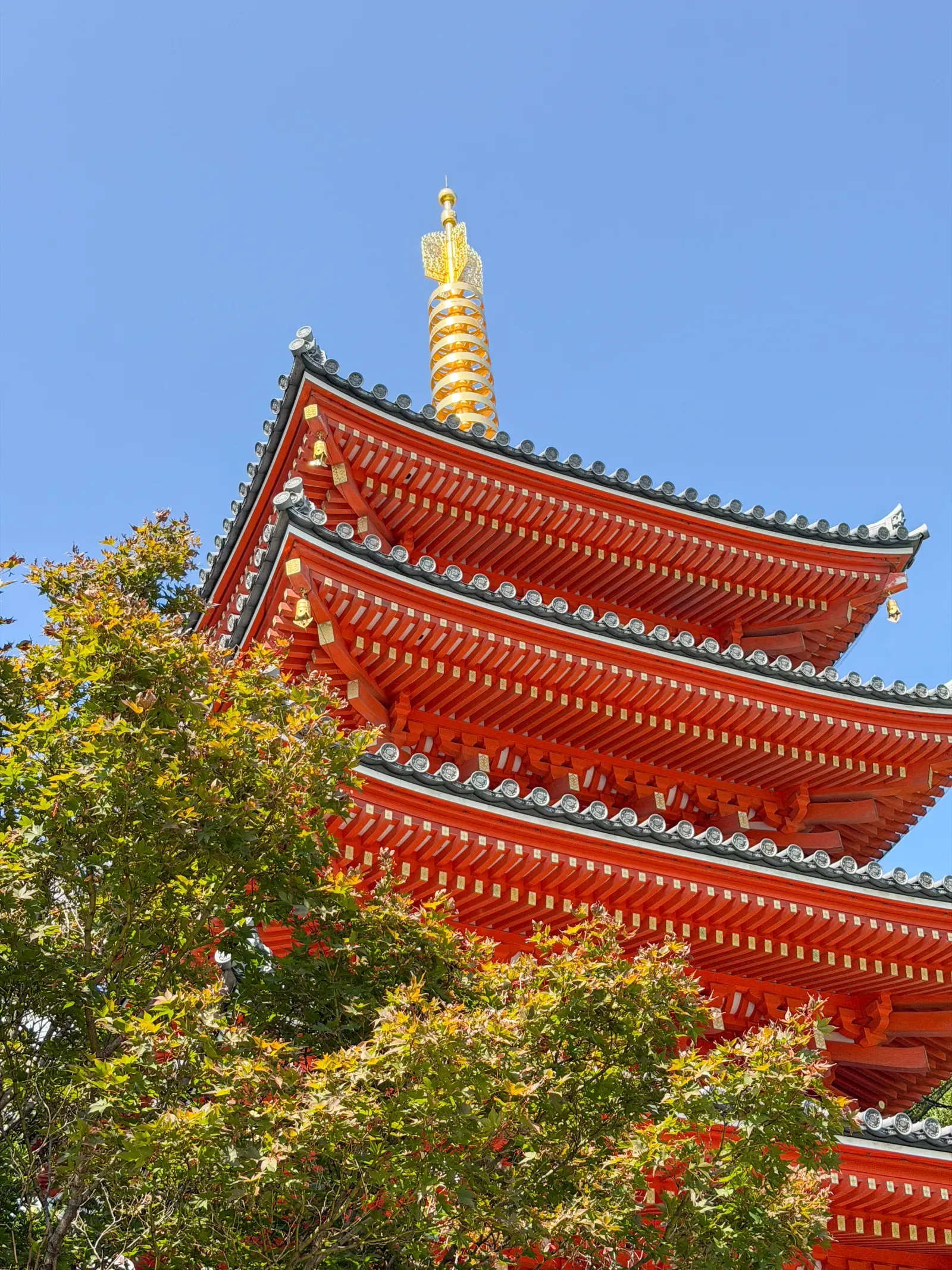 A red pagoda against autumn foliage in Fukuoka