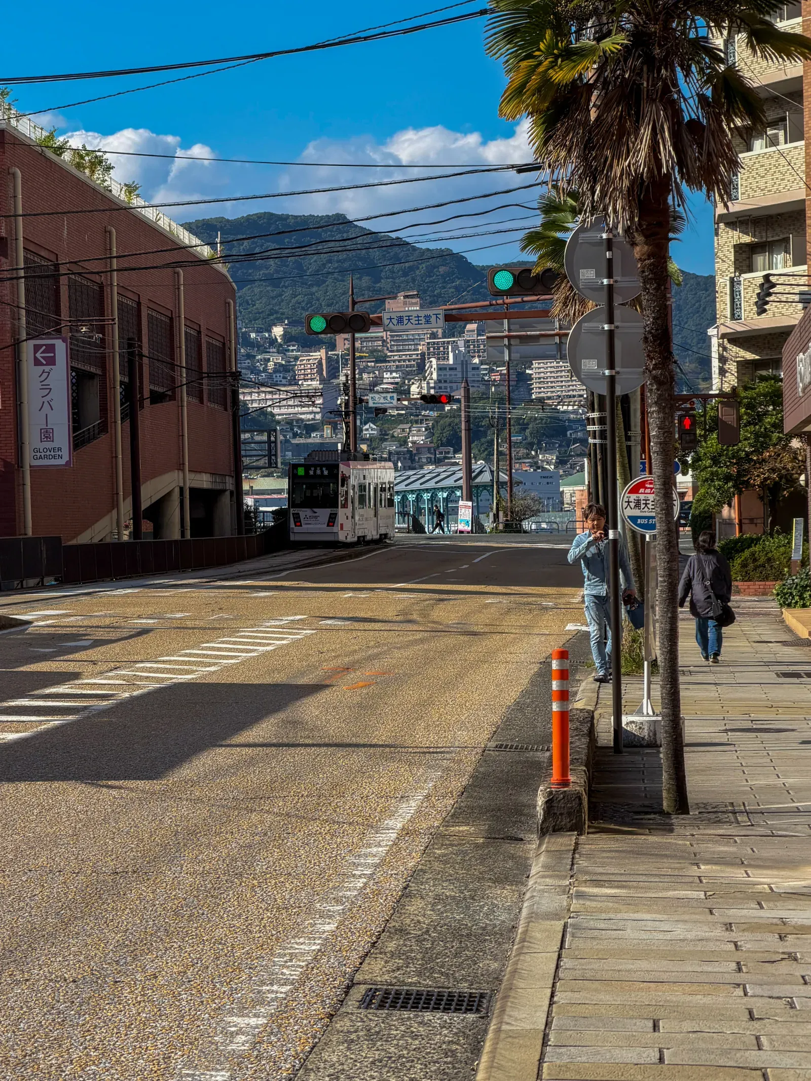 A steep hillside street in Nagasaki, a palm, the town below