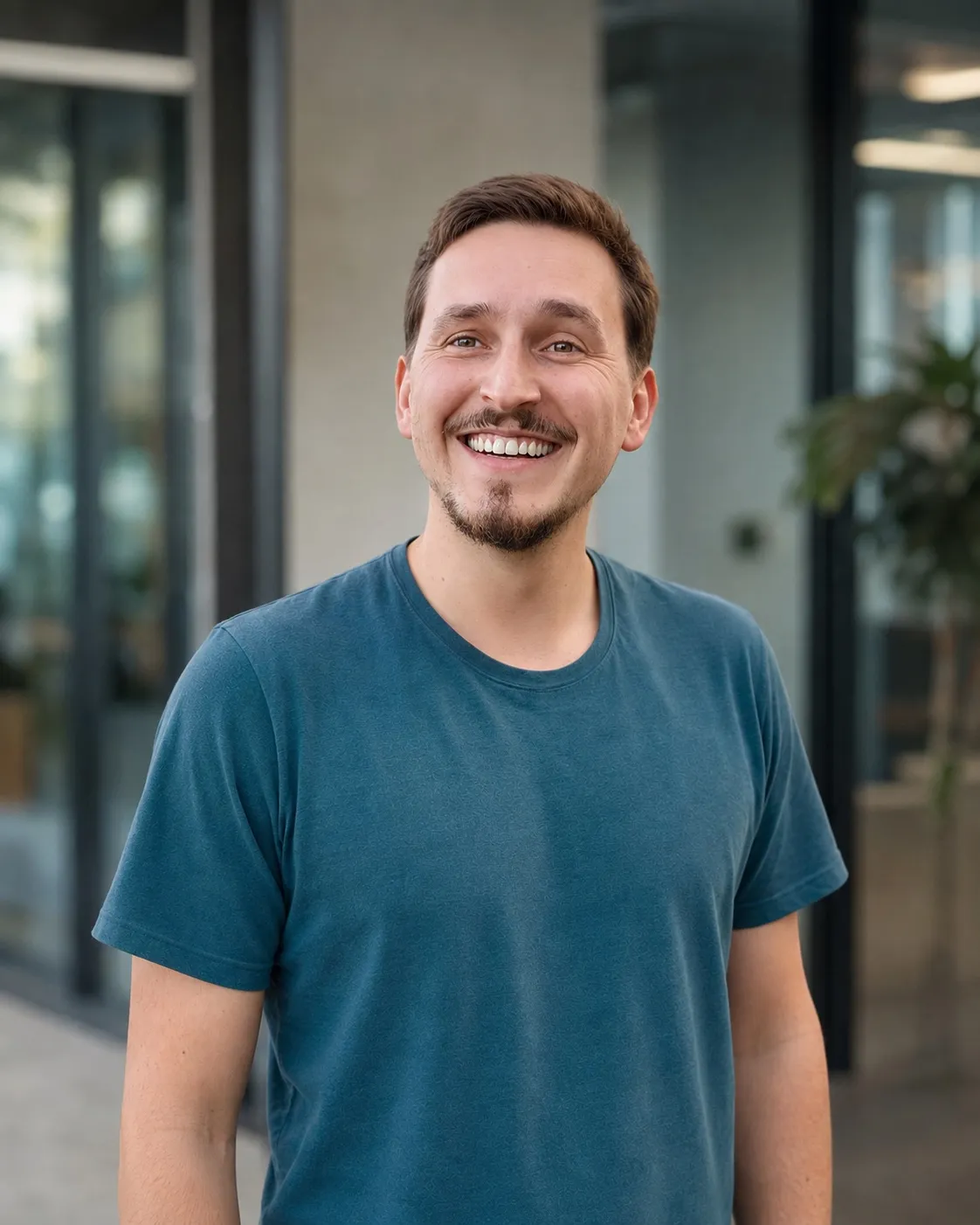 Václav, smiling, in a teal T-shirt in front of an office doorway
