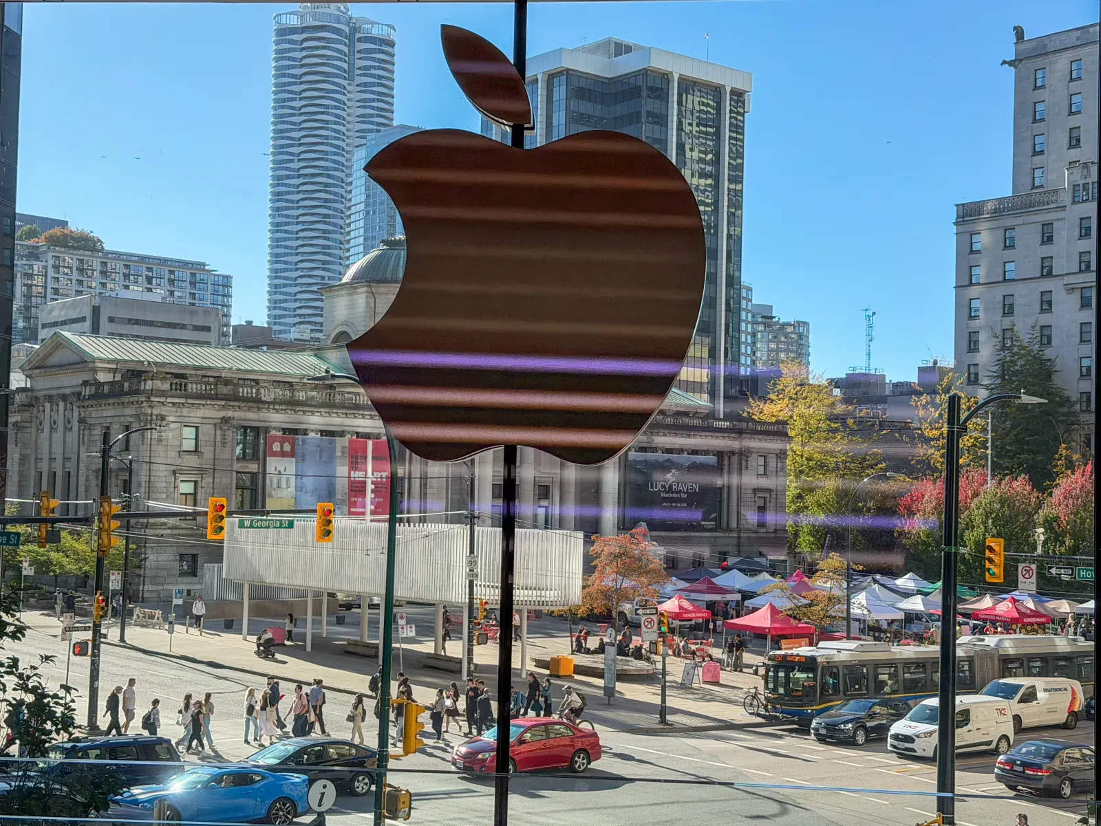A downtown plaza in Vancouver seen from above